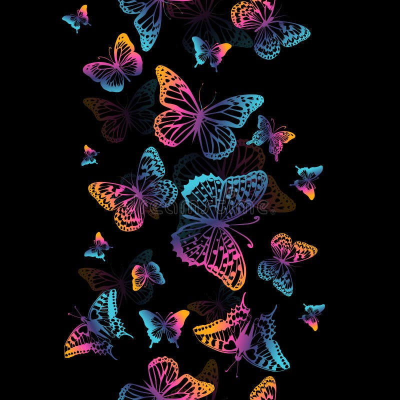 Pattern with Rainbow Butterflies on a Black Background. Suitable for Curtains, Wallpaper