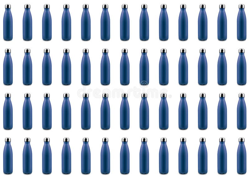 Pattern of reusable steel thermo water bottles of phantom blue of color isolated on white background. royalty free illustration