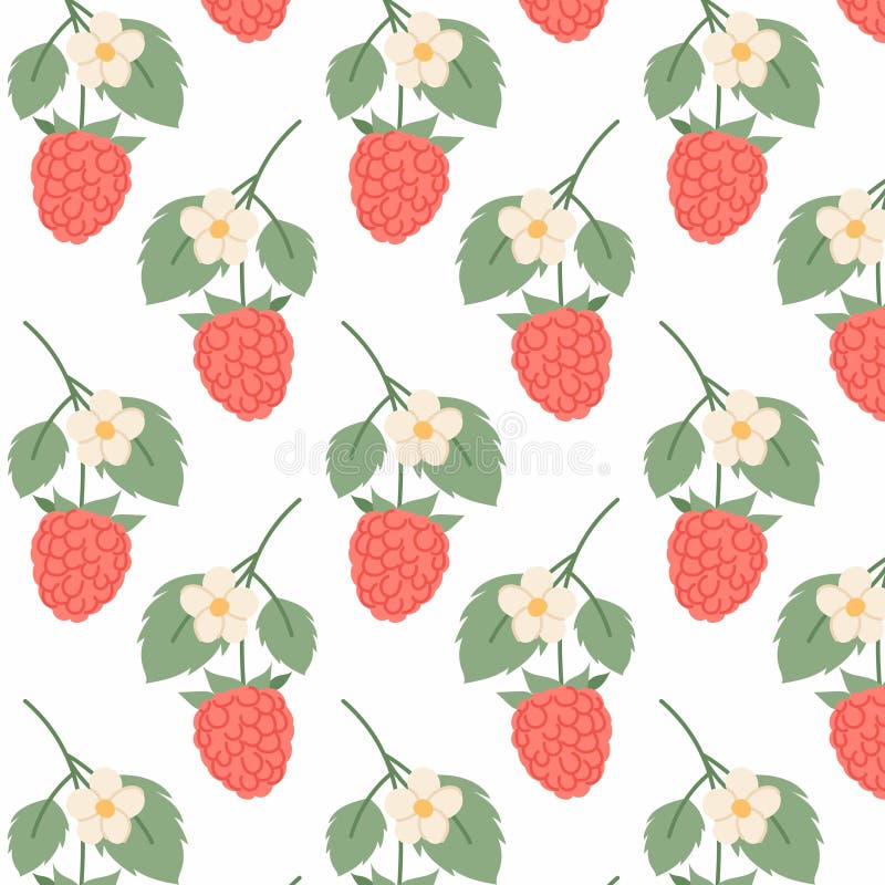 Pattern with ripe raspberries on a transparent background. Raspberry branch in flat style. Background with berries vector illustration