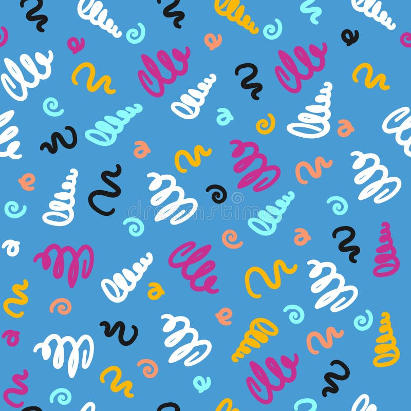 Pattern Seamless Blue with Colored Squiggles. Bright Background in 90s