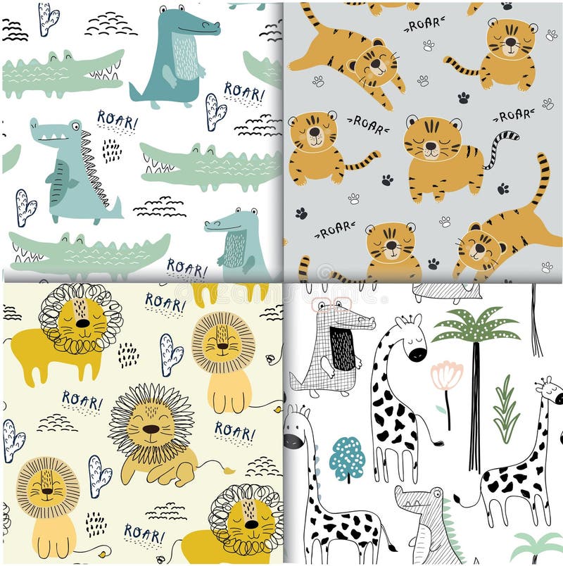Pattern Set with Different Animals for Kids Clothes,fabric Stock Vector