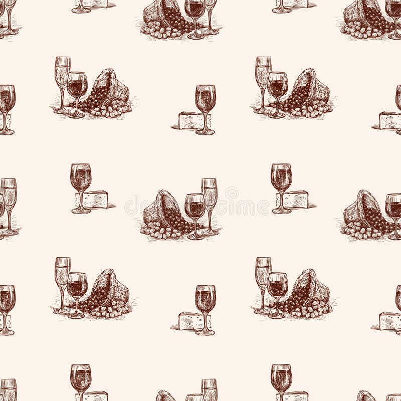 Pattern of sketches of wine glasses with cheese and grape stock illustration Pattern of sketches of wine glasses with cheese and grape stock illustration