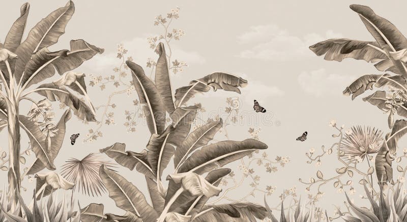 Pattern tropical forest dart style wallpaper with palm trees, plants, birds, butterflies and white background. stock illustration