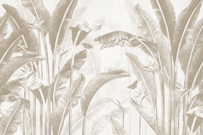 Pattern tropical forest wallpaper with palm panna trees plants butterflies and white background for wall decor pattern tropical stock illustratie
