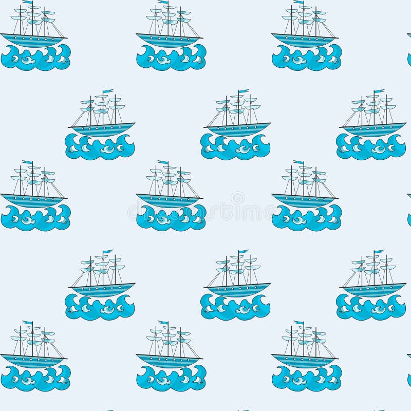 Pattern vector color drawing texture, nautical pattern, the ship and the waves royalty free illustration