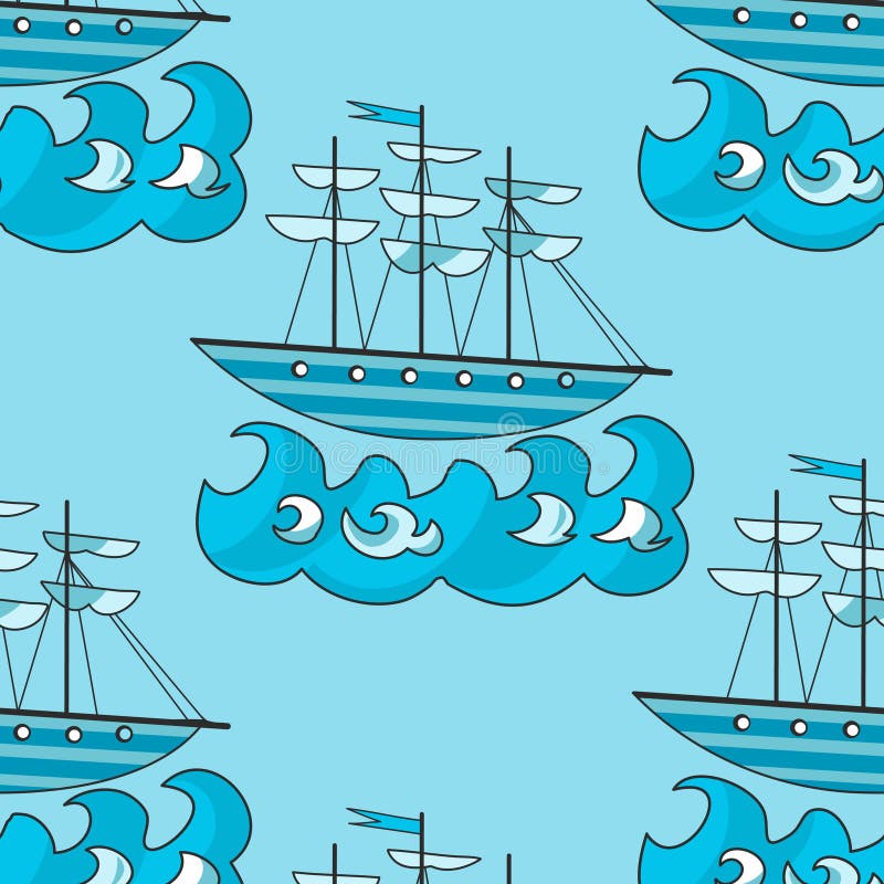 Pattern vector color drawing texture, nautical pattern, the ship and the waves royalty free illustration