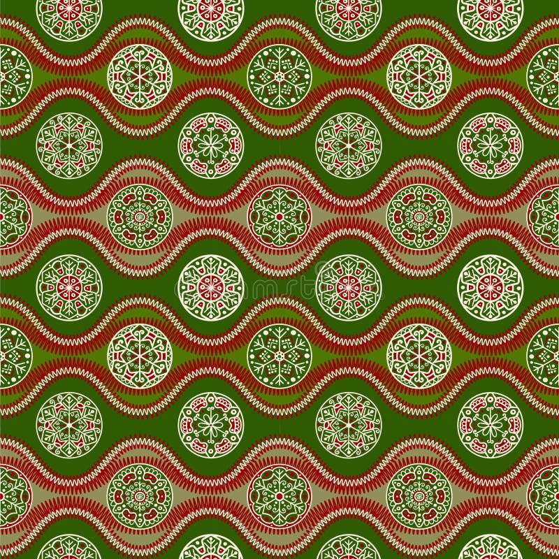 Pattern with waves and snowflakes, green