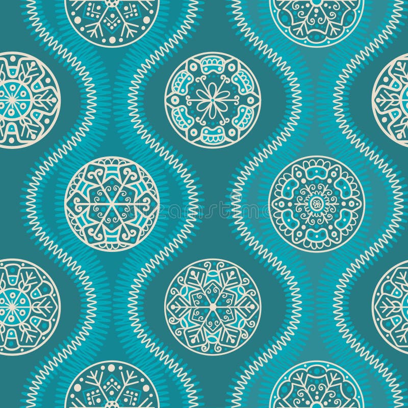 Pattern with waves and snowflakes, turquoise