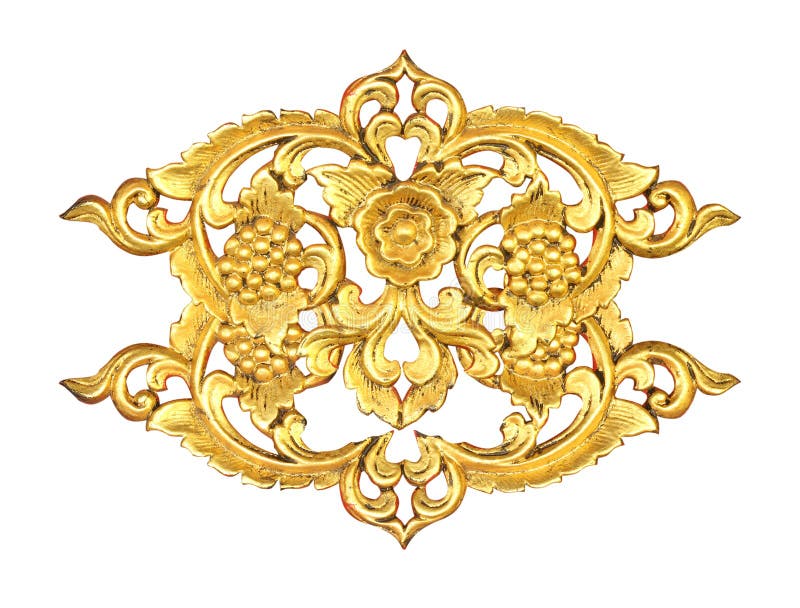 Pattern of Wood Carve Gold Paint for Decoration on White Background