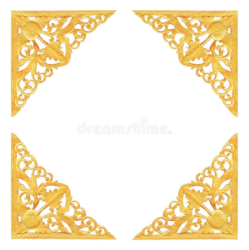 Pattern of Wood Carve Gold Paint for Decoration on White Background