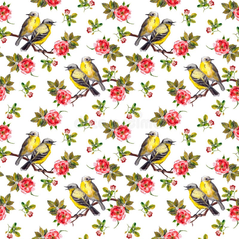 Patterned White Floral Texture with Drawn Birds in Roses Stock ...