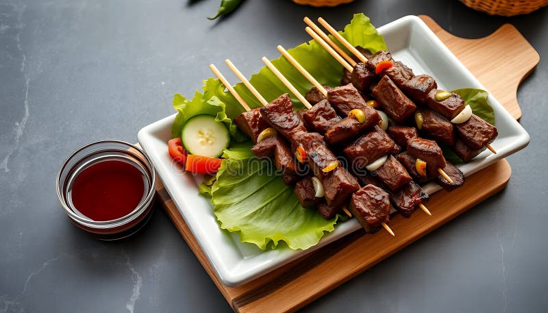 Pattinatori di satay di manzo grigliati con cipolla al peperoncino e una salsa ricca di salsa da immersione serviti sulle foglie d royalty illustrazione gratis