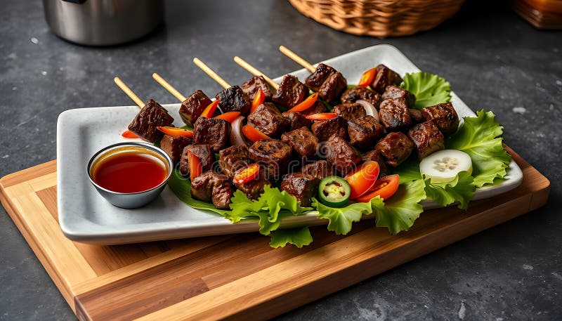 Pattinatori di satay di manzo grigliati con cipolla al peperoncino e una salsa ricca di salsa da immersione serviti sulle foglie d illustrazione di stock