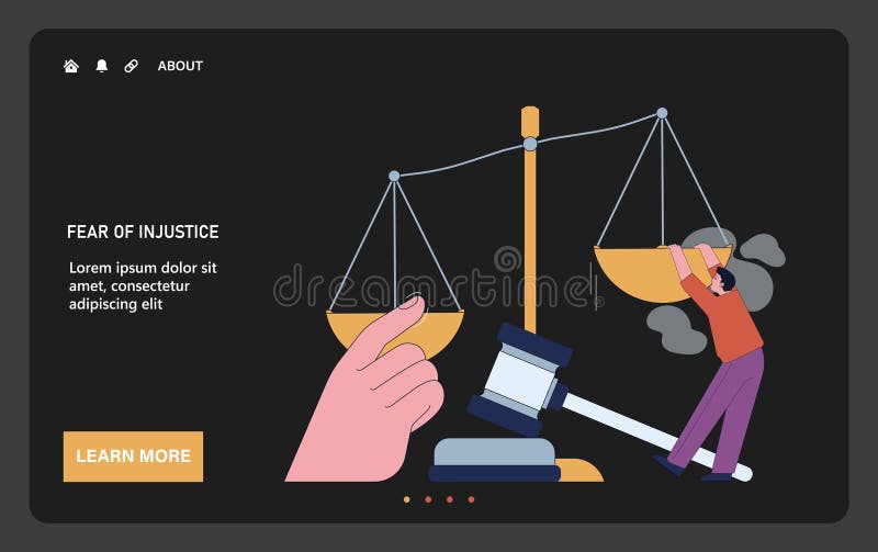 Fear of injustice web or landing dark or night mode. Character struggles to balance the scales of justice. Fight against unfair treatment and inequality. Global social issue. Flat vector illustration. Fear of injustice web or landing dark or night mode. Character struggles to balance the scales of justice. Fight against unfair treatment and inequality. Global social issue. Flat vector illustration