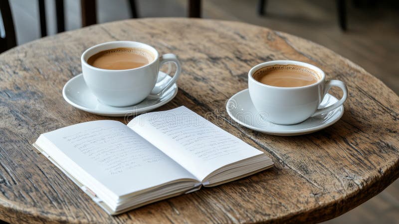 Pausa caffè per due libri aperti e due tazze di caffè al vapore sul tavolo di un caffè rustico. illustrazione di stock