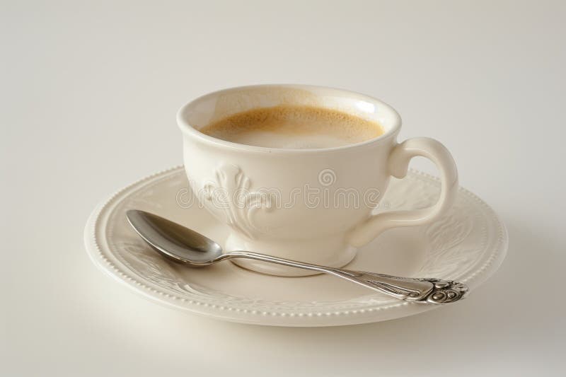 An elegant white coffee cup with frothy coffee on a matching saucer with a silver spoon, minimalistic design AI generated. An elegant white coffee cup with frothy coffee on a matching saucer with a silver spoon, minimalistic design AI generated