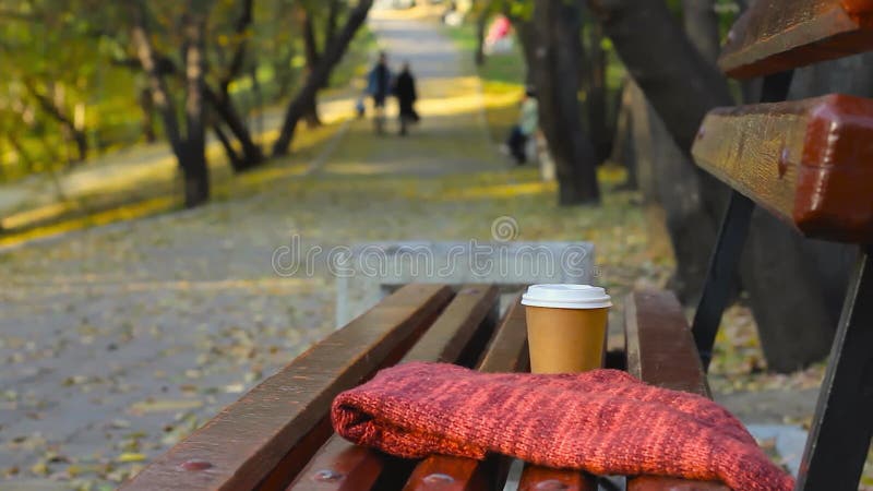 Pause café sur banc vide à l'automne parc floue couple à walkway à backgr banque de vidéos