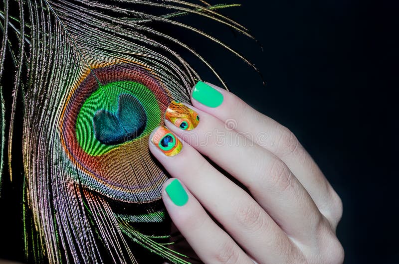 Peacock feather and green nail art in inverted colours. Peacock feather and green nail art in inverted colours