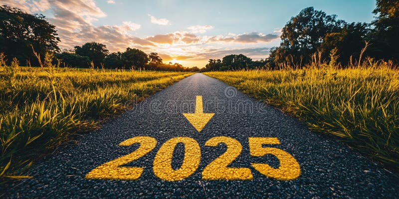 A paved path leads toward a sunset with the year 2025 painted on the asphalt stock illustration