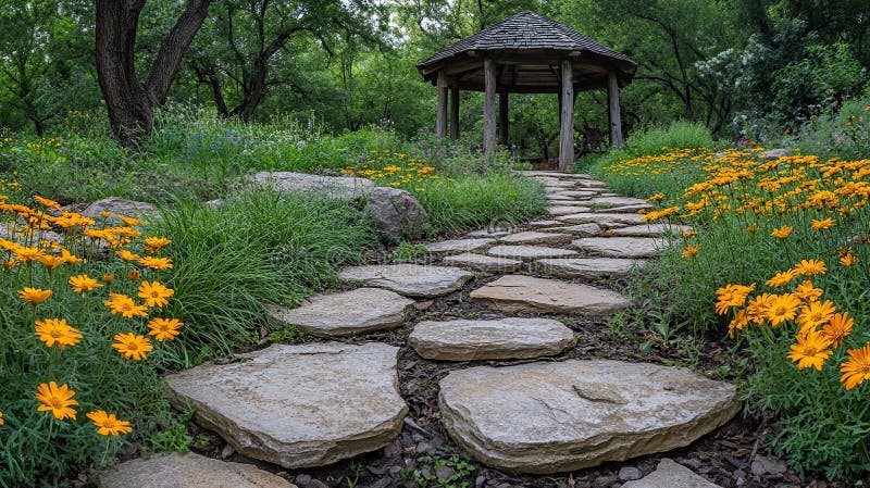 A paved path winds through a flower-filled garden, leading to a rustic gazebo vector illustration