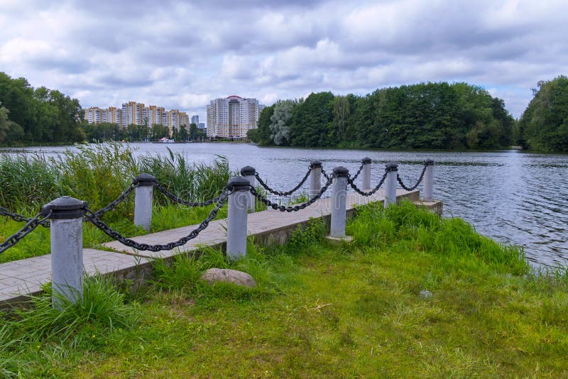 Pavement in the city park against the background of reeds and high-rise buildings stock images Pavement in the city park against the background of reeds and high-rise buildings stock images