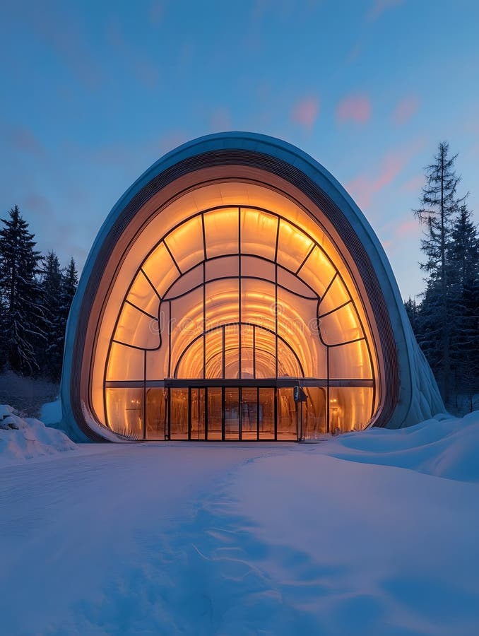 Pavilion arhitectural modern iluminat în peisaj de iarnă cu zăpadă la apus royalty free illustration