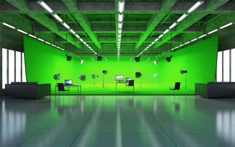 Pavilione interno di uno studio cinematografico moderno con schermo verde e apparecchiatura leggera.