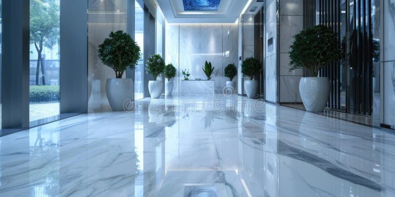 Pavimento di marmo bianco adornato da piante in vaso. Ideale per progetti di design interni immagini stock libere da diritti