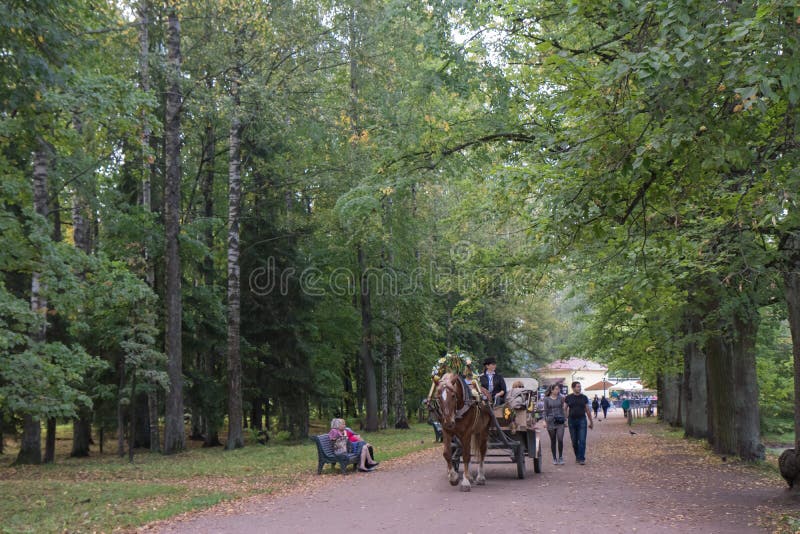 Pavlovsk, St Petersburg, Russland - 10. September 2018 Bespannter Lastwagen mit Touristen am Park stockfotografie Pavlovsk, St Petersburg, Russland - 10. September 2018 Bespannter Lastwagen mit Touristen am Park stockfotografie