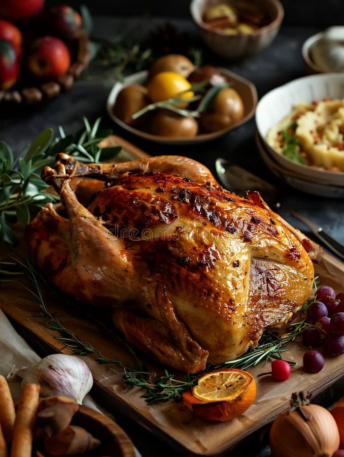 Pavo asado con hierbas frescas y rodeado de verduras y frutas de temporada que crean un ambiente cálido y acogedor stock de ilustración