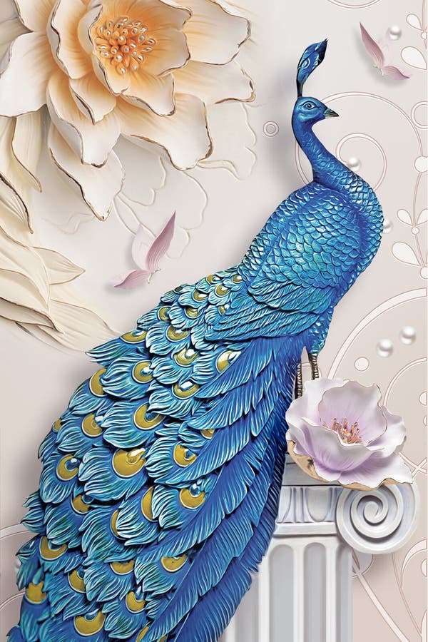 Pavo real azul del fondo mural 3d en el papel pintado de la rama Con las flores imagen de archivo libre de regalías