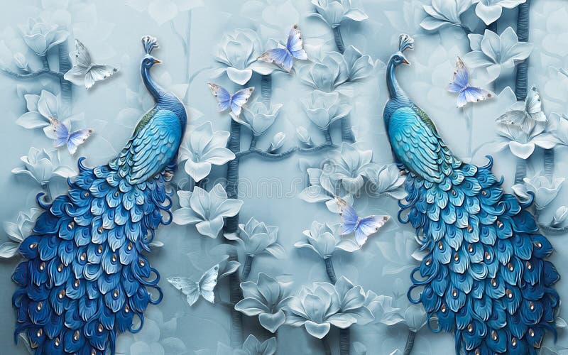 Pavo real azul del fondo mural 3d en el papel pintado de la rama Con las flores imagen de archivo