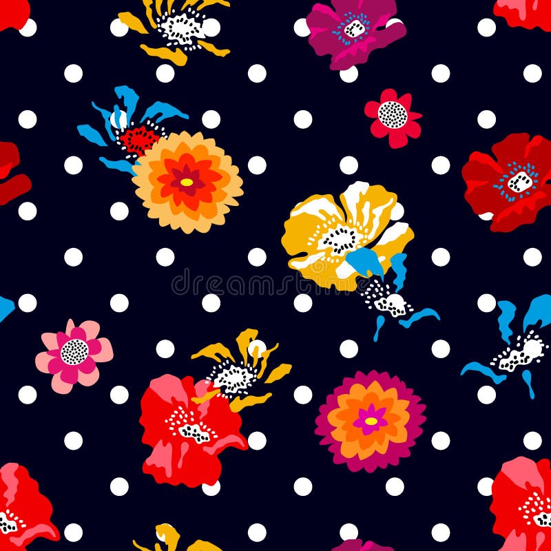 Pavots et asters colorés sur le fond pointillé bleu-foncé illustration libre de droits Pavots et asters colorés sur le fond pointillé bleu-foncé illustration libre de droits