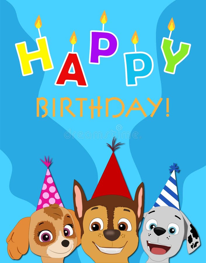 Paw Patrol Birthday Card Blue Stock Illustration - Illustration of