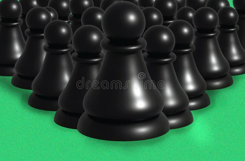 3d group of black chess pawns on green background stock illustration