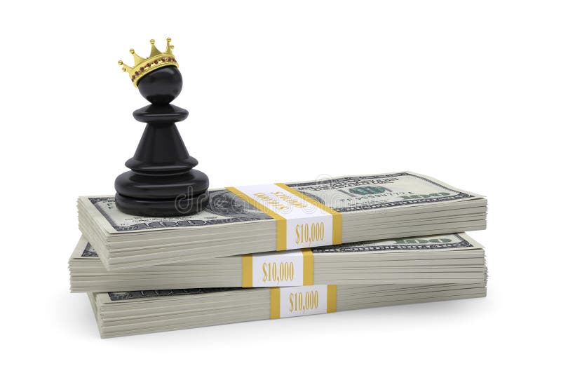 Pawn with gold crown stand on pack of dollars. White background