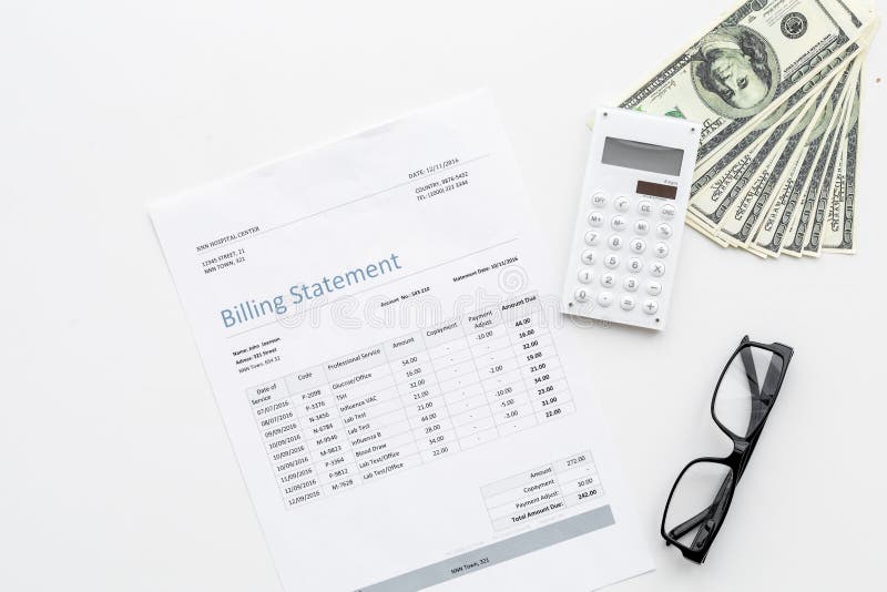 Pay bills and taxes. Billing statement, calculator, money on white background top view copy space