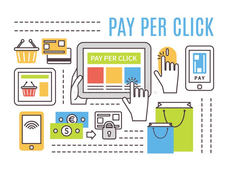 Pay per click internet advertising concept. Flat royalty free illustration