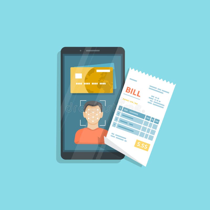 Payment for goods and services using Face Recognition And Identification, Face ID on smartphone. Online bill payment via phone. vector illustration Payment for goods and services using Face Recognition And Identification, Face ID on smartphone. Online bill payment via phone. vector illustration