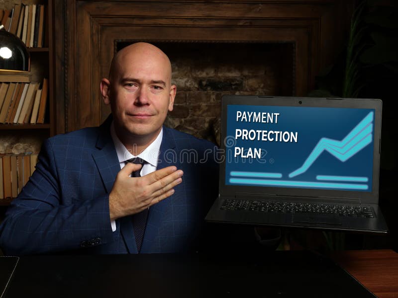 PAYMENT PROTECTION PLAN text in search bar. Broker looking for something at laptop. PAYMENT PROTECTION PLAN concept royalty free stock photos