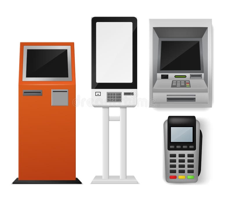Payment terminal realistic set. Self-ordering kiosk and Atm, pos payment machine, debit credit card interactive vector illustration