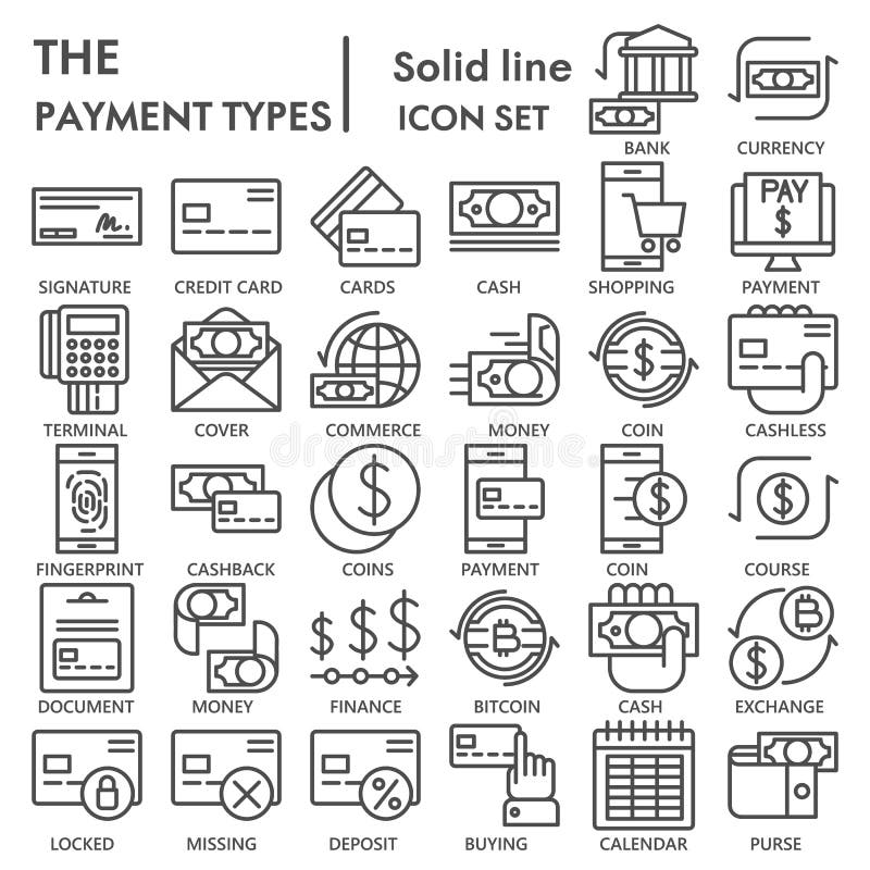 Payment types line icon set, commerce symbols collection or sketches. Business and mobile banking linear style signs for