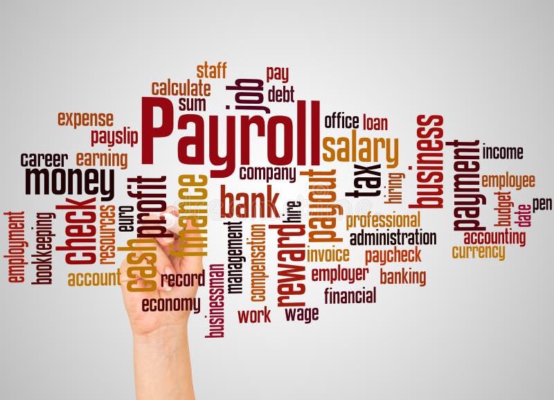 Payroll word cloud and hand with marker concept stock image