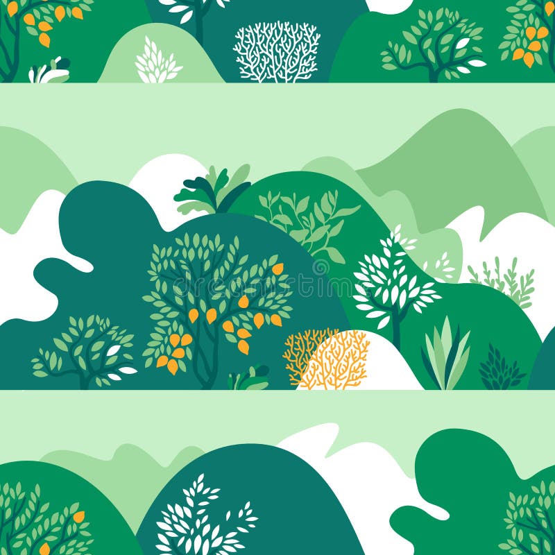 Paysage accident? de mod? le sans couture avec des arbres, des buissons et des usines r illustration libre de droits