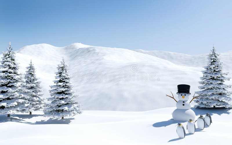 Paysage arctique, champ de neige avec le bonhomme de neige et oiseaux de pingouin dans des vacances de Noël, Pôle Nord