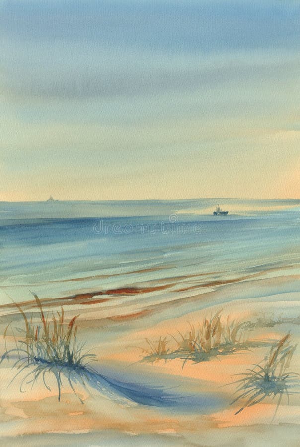 Paysage D'aquarelle De Bord De La Mer Illustration Stock - Illustration