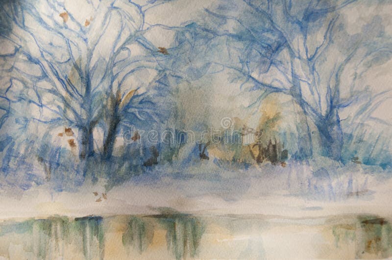 Landscape winter watercolor painting, handmade on a white paper art (I am the only author of this artwork). Landscape winter watercolor painting, handmade on a white paper art (I am the only author of this artwork)