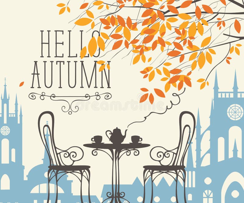 Paysage d'automne avec le café de rue dans la vieille ville illustration stock Paysage d'automne avec le café de rue dans la vieille ville illustration stock