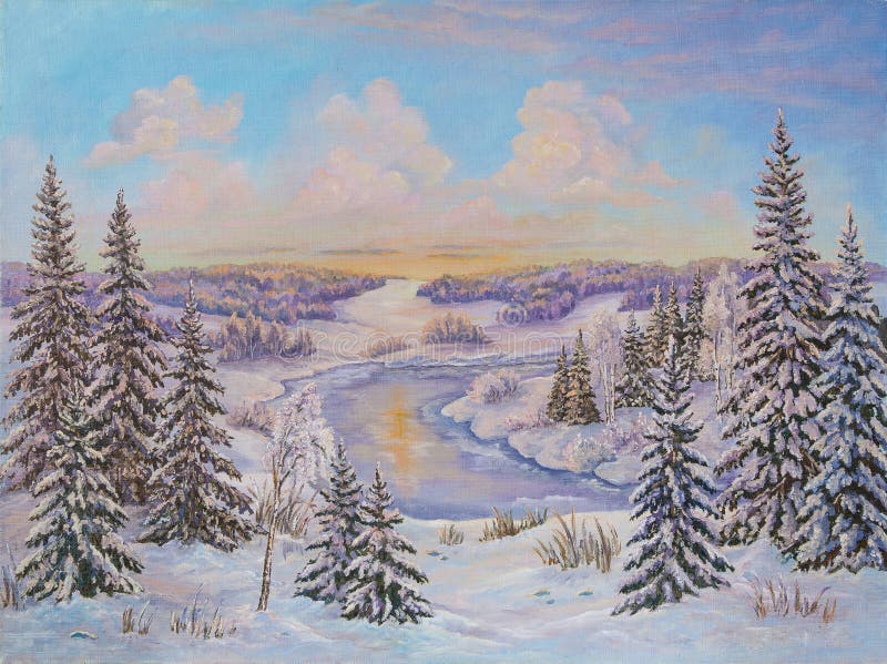 Paysage d'hiver avec des arbres dans la neige sur une toile Peinture à l'huile initiale illustration de vecteur Paysage d'hiver avec des arbres dans la neige sur une toile Peinture à l'huile initiale illustration de vecteur