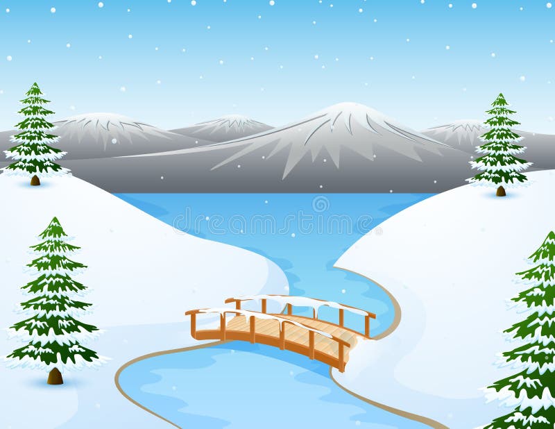 Paysage d'hiver de bande dessinée avec les montagnes et le petit pont en bois au-dessus de la rivière illustration libre de droits